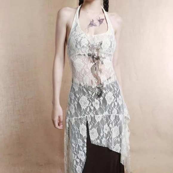 Slim Halter Strap Asymmetrical Hem Stretch Midi Lace Top - Picture 4 of 9